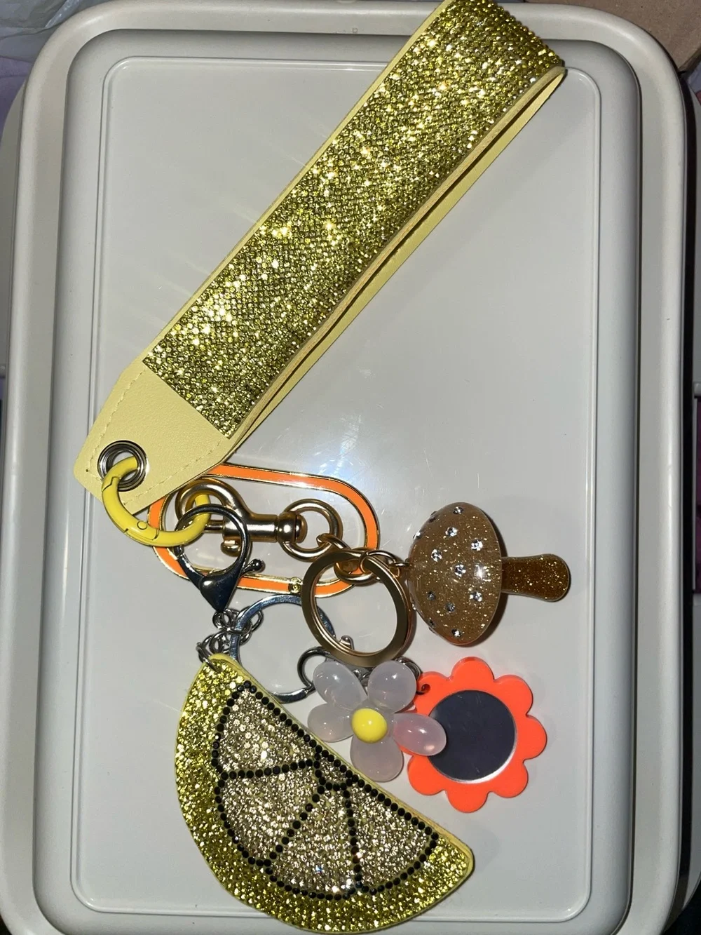 Gold Glitter Lemon Slice Keychain Wristlet with Decorative Charms